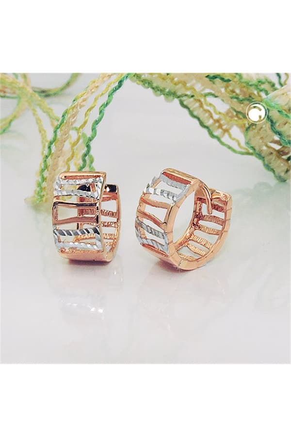 Hoop Earrings 12x6mm Hinged Bicolor Struts Diamond Cut 9k Rose Gold - GL431412