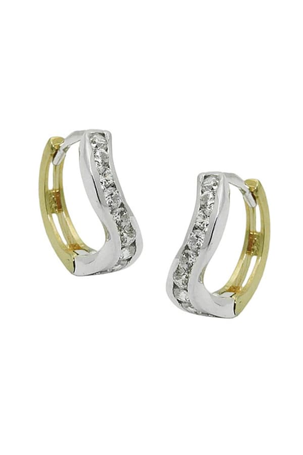 Hoop Earrings 12x3mm Hinged Huggie Bicolor Zirconias 9k Gold - GL431387