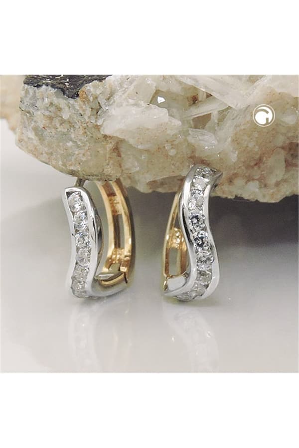 Hoop Earrings 12x3mm Hinged Huggie Bicolor Zirconias 9k Gold - GL431387
