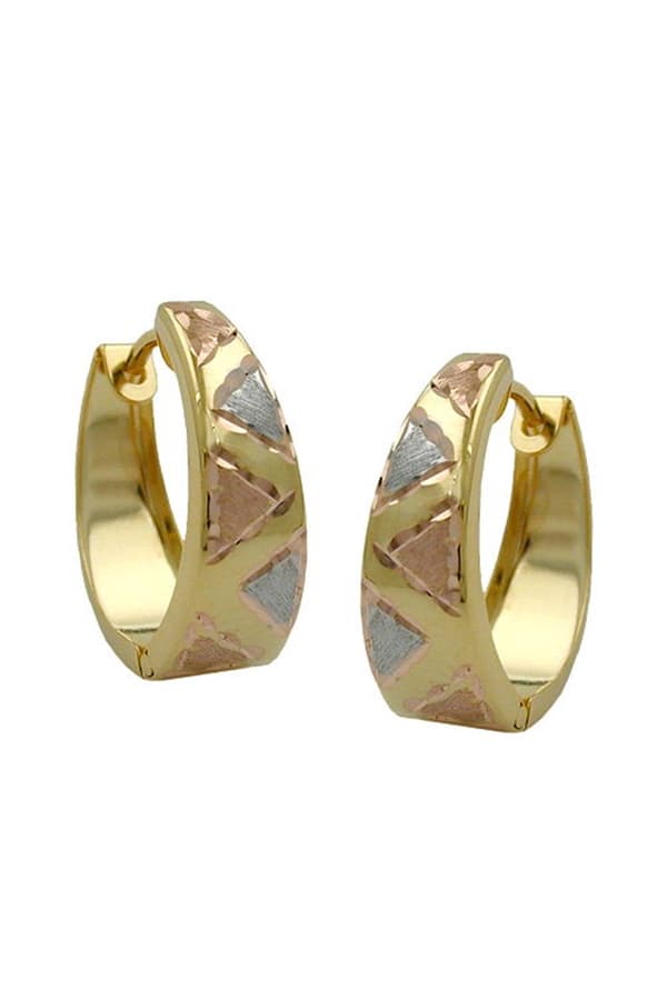Hoop Earrings 14x13x5mm Hinged Tricolor Diamond Cut 9k Gold - GL431249