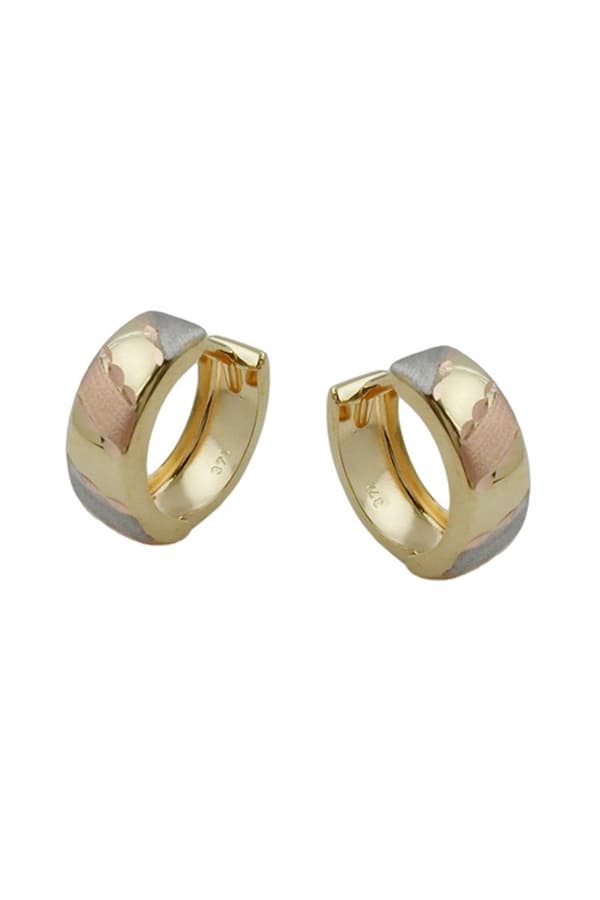 Hoop Earrings 12x5mm Hinged Tricolor Diamond Cut 9k Gold - GL431057
