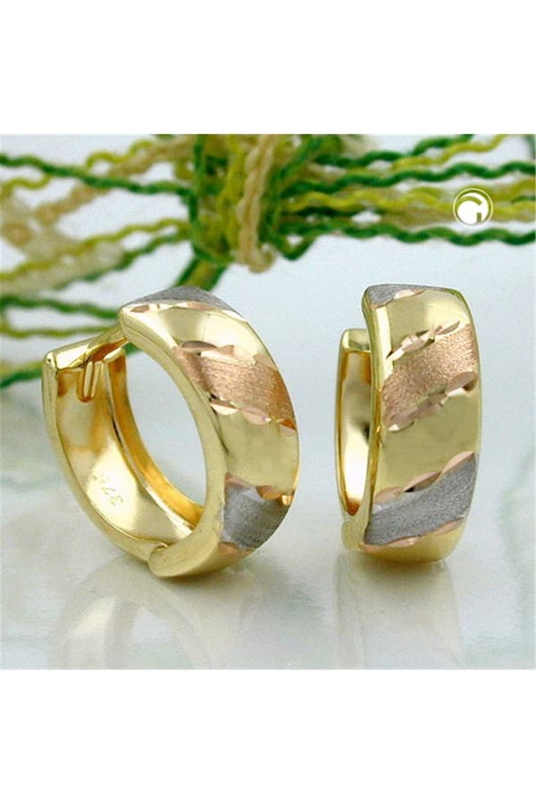 Hoop Earrings 12x5mm Hinged Tricolor Diamond Cut 9k Gold - GL431057