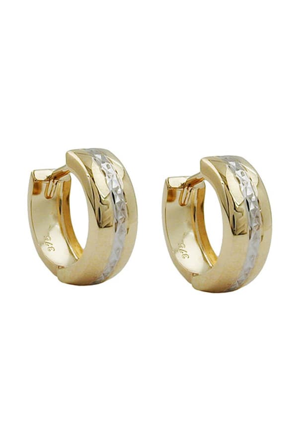 Hoop Earrings 12x5mm Hinged Two Tone Diamond Cut 9k Gold - GL431054