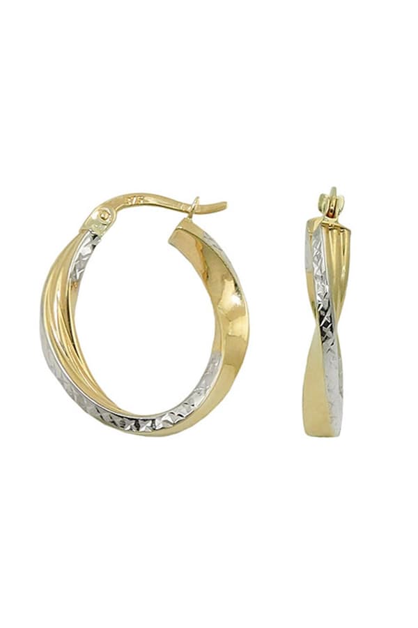 Hoop Earrings 20x18x3mm Oval Bicolor Twisted Diamond Cut 9k Gold - GL431414