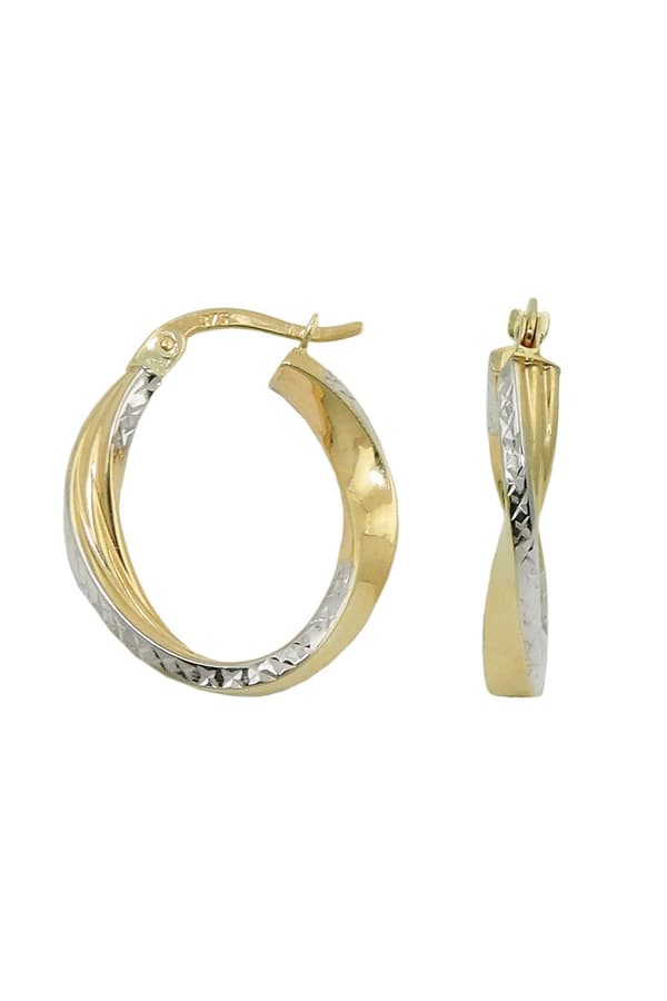 Hoop Earrings 20x18x3mm Oval Bicolor Twisted Diamond Cut 9k Gold - GL431414