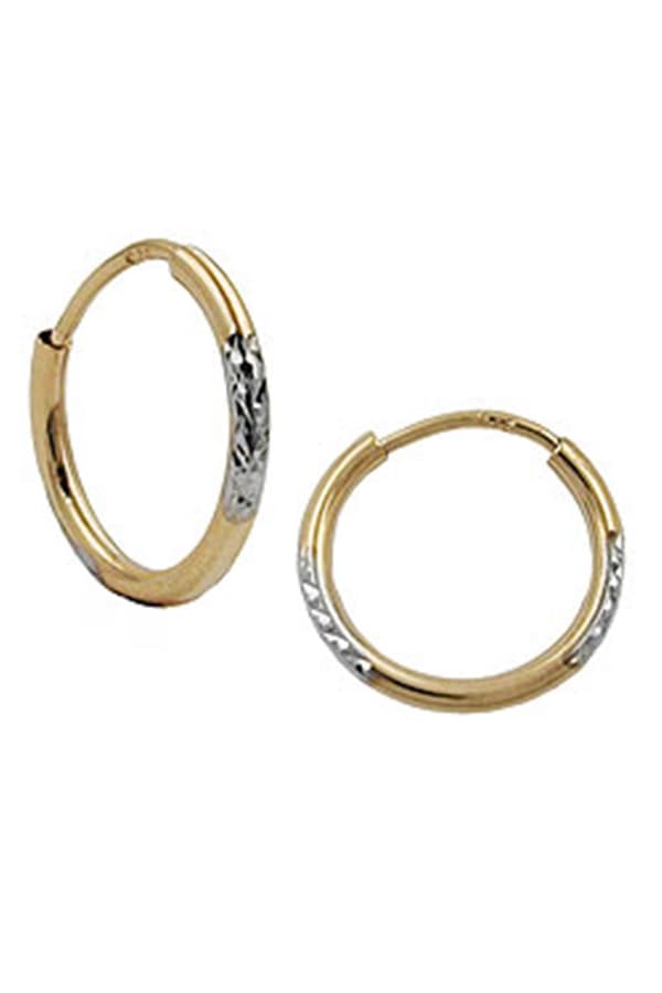 Hoop Earrings 12x1mm Bicolor Rhodium Plated Diamond Cut 9k Gold - GL431185