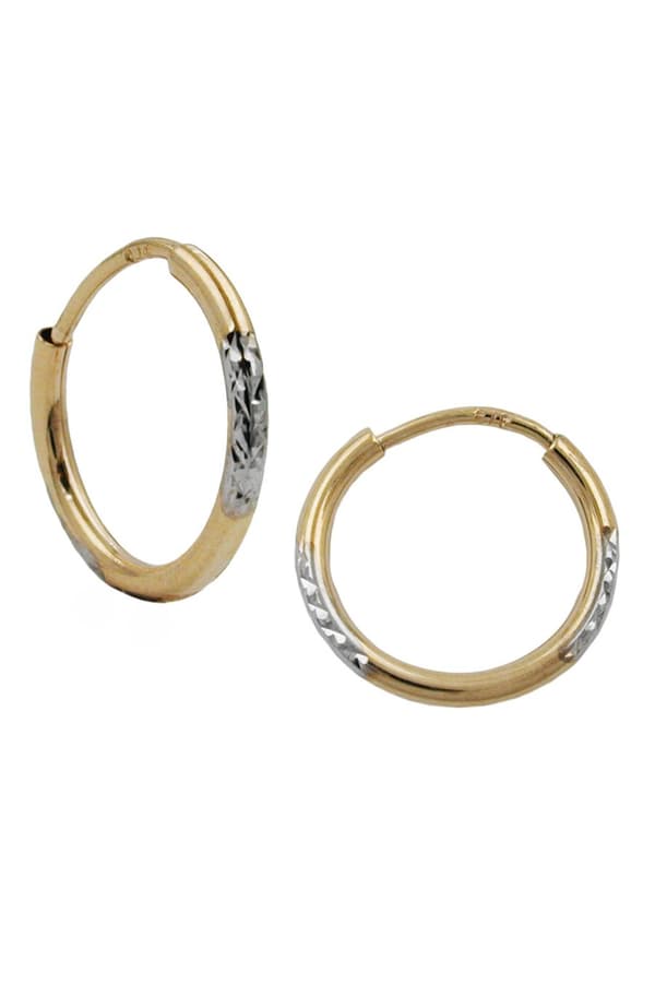 Hoop Earrings 12x1mm Bicolor Rhodium Plated Diamond Cut 9k Gold - GL431185