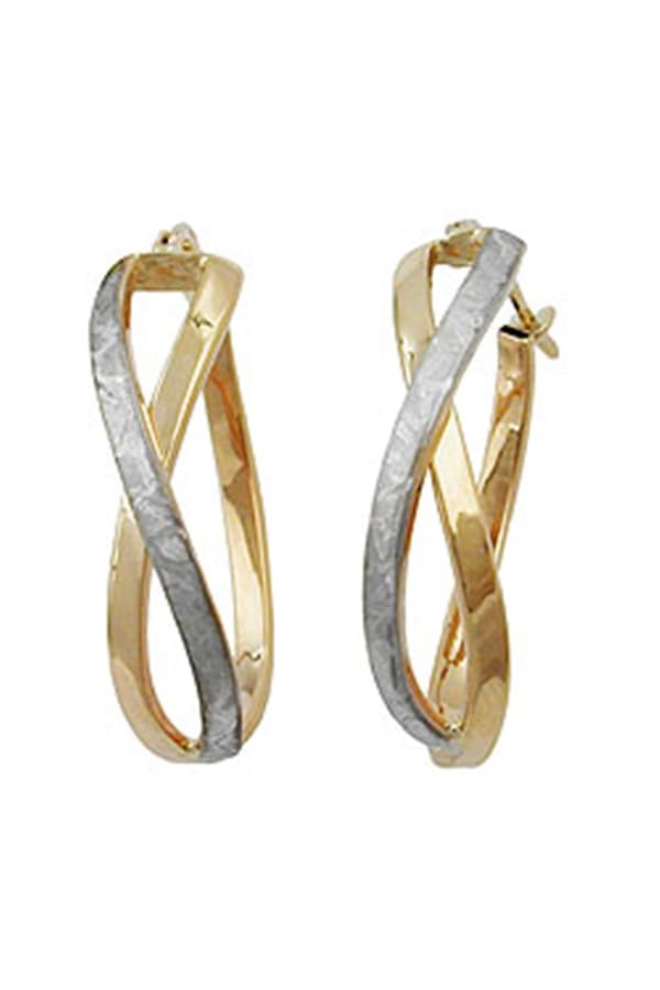 Hoop Earrings 26x7mm Crossed Bicolor Part-Rhodium Plated Matted 9k Gold - GL431129
