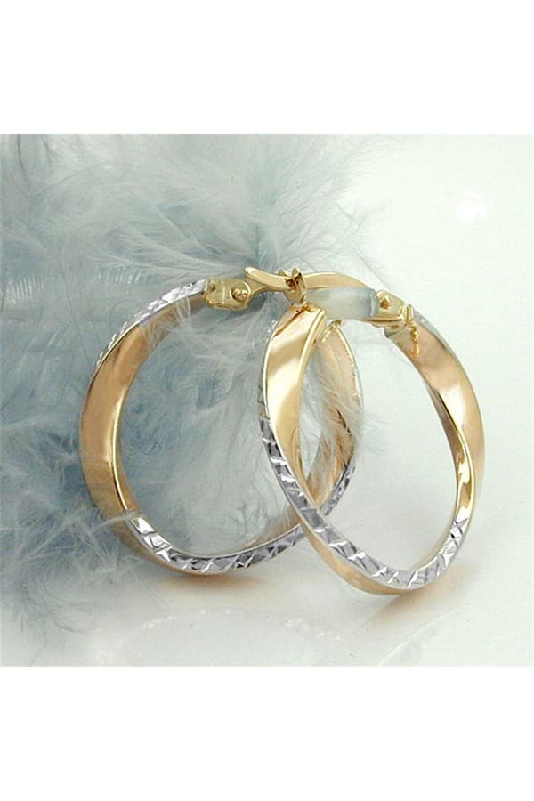 Hoop Earrings 20x3mm Bicolor Diamond Cut Curved 9k Gold - GL431063