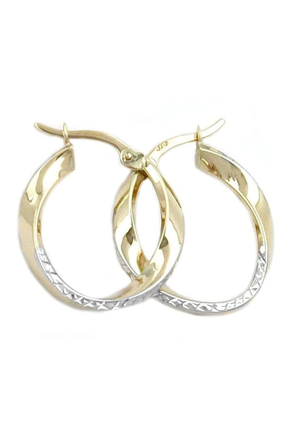 Hoop Earrings 20x3mm Bicolor Diamond Cut Curved 9k Gold - GL431063