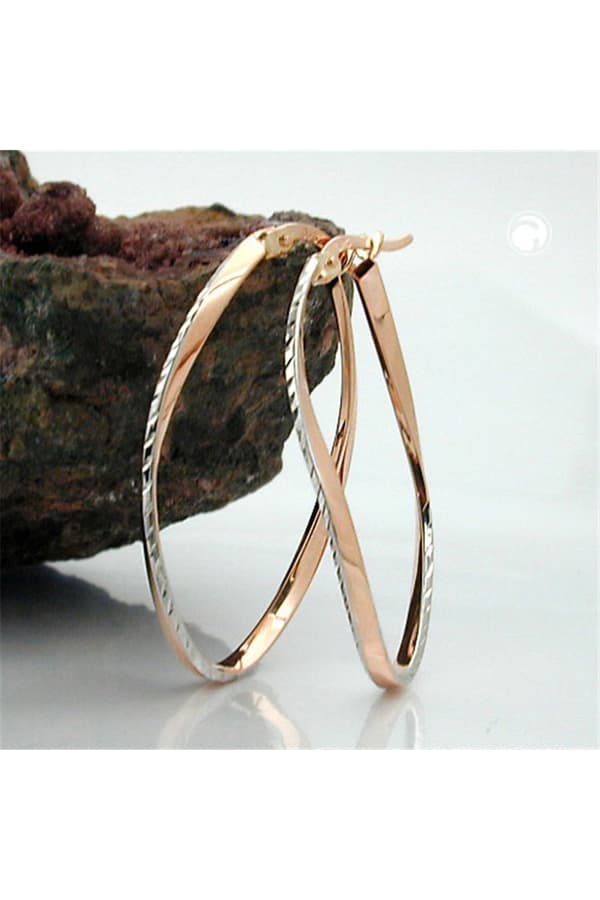 Hoop Earrings 33x20mm Oval Bicolor Rhodium Plated Diamond 9k Rose Gold - GL430387