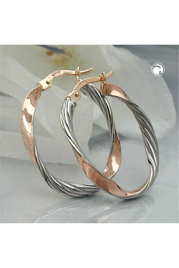 Hoop Earrings 26x21mm Oval Bicolor Twisted Rhodium Plated 9k Rose Gold - GL430356