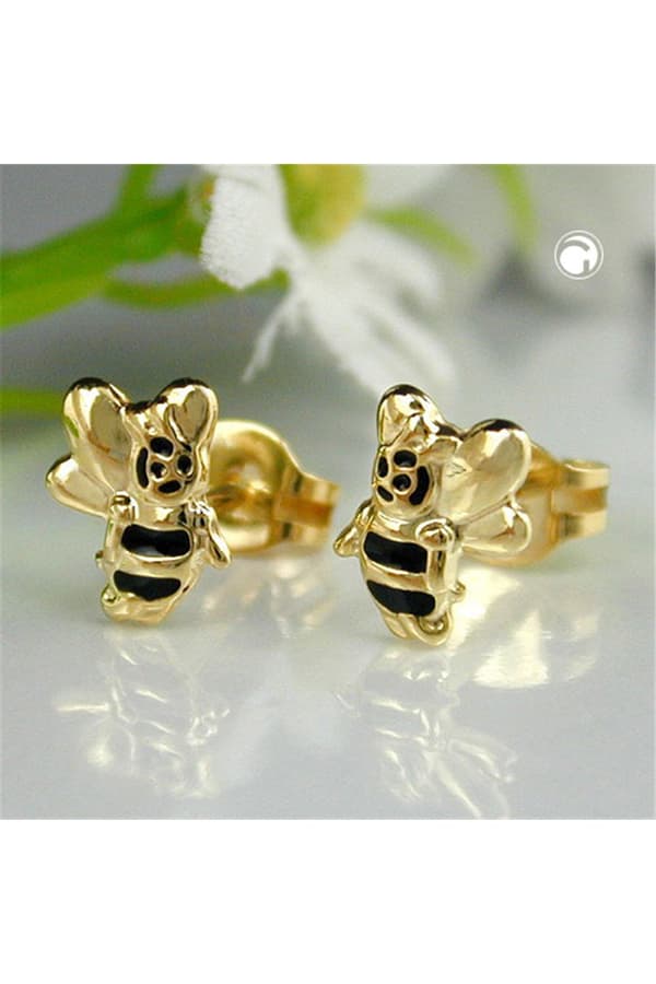 Stud Earring 7x6mm Bee Black Lacquered 9k Gold - GL431148
