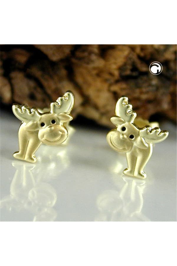Stud Earrings 8x6mm Moose With Black Lacquered Eyes Matte Shiny 9k Gold - GL430888