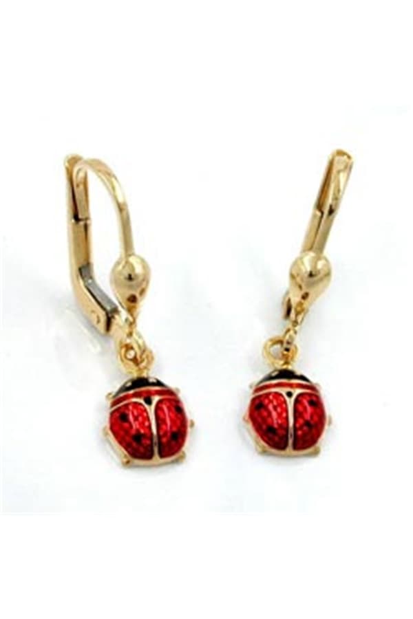 Leverback Earrings Dangle 24x6mm Ladybird Enameled 9k Gold - GL430748