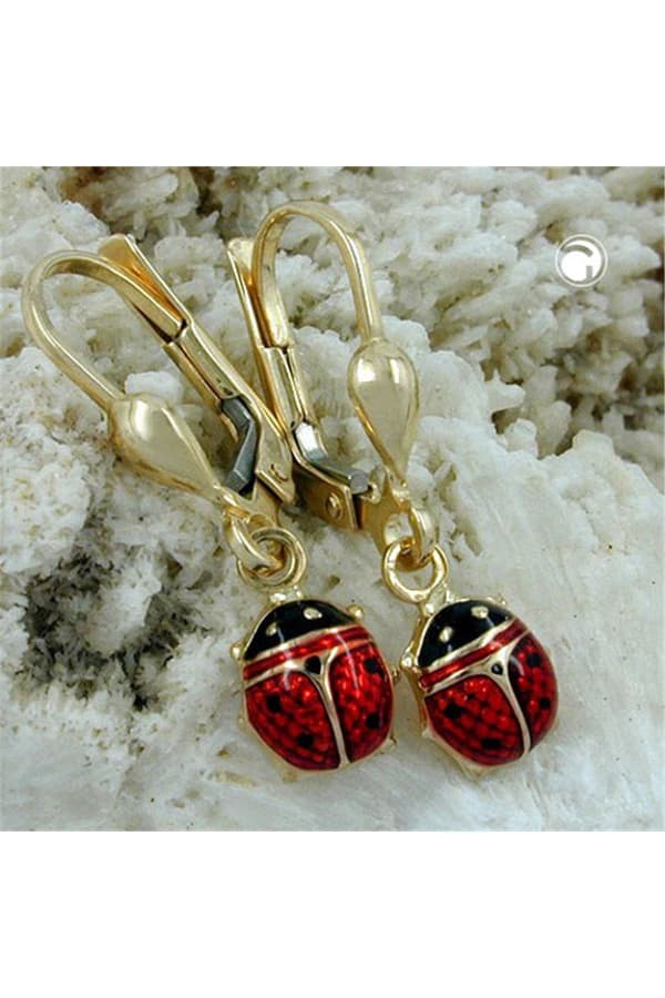 Leverback Earrings Dangle 24x6mm Ladybird Enameled 9k Gold - GL430748
