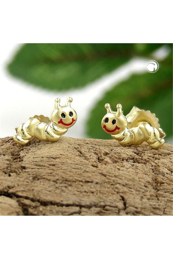 Stud Earrings 4x8mm Worm Matte Shiny Colored 9k Gold - GL430708