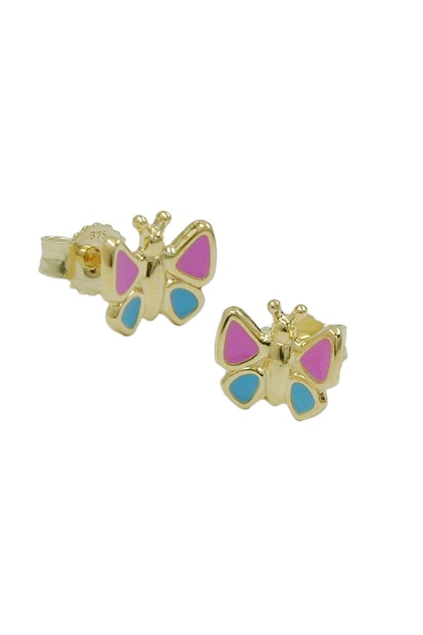 Stud Earrings 7mm Butterfly Pink-Light Blue 9k Gold - GL430458