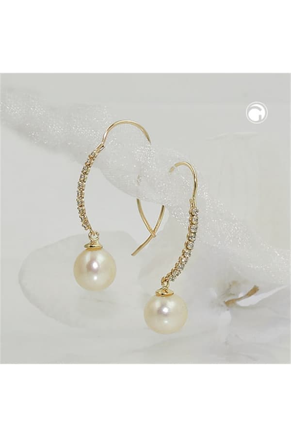 Hook Earrings 27x7mm Earrings With Freshwater Cultured Pearl And Zirconias 9k Gold - GL431354