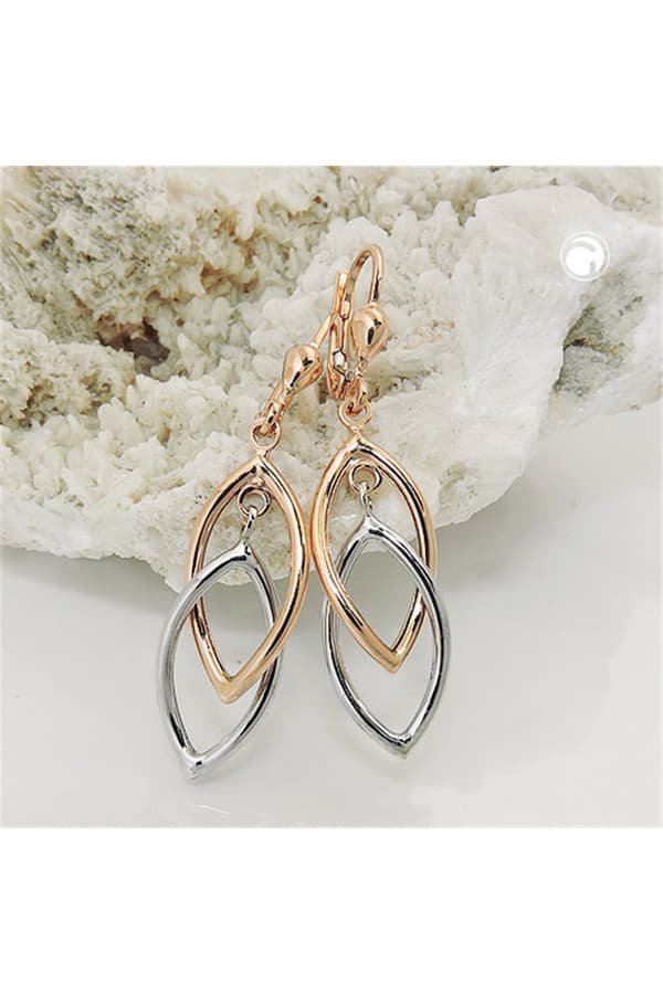 Leverback Earrings Dangles 43x10mm 2 Ovals Bicolor With White Gold 9k Rose Gold - GL431410