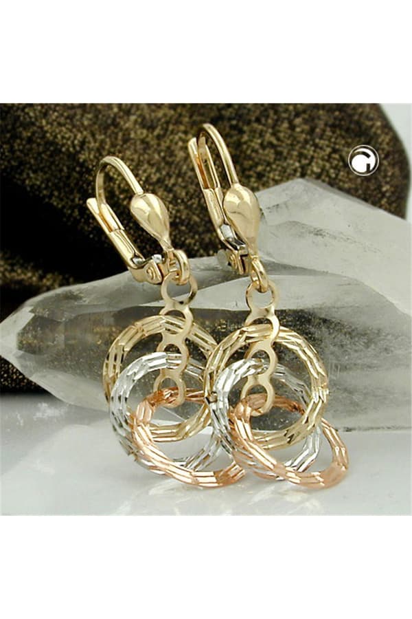 Leverback Earrings 34x10mm With 3 Hanging Circles Tricolor Diamond Cut 9k Gold - GL431238