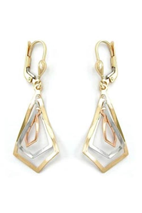 Leverback Earrings Dangle 40x16mm 3 Rhombuses Tri-Tone 9k Gold - GL430937