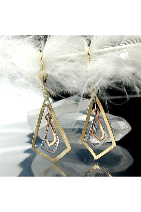 Leverback Earrings Dangle 40x16mm 3 Rhombuses Tri-Tone 9k Gold - GL430937