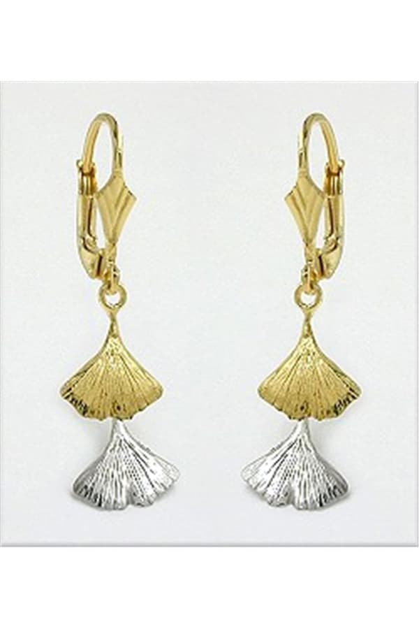 Leverback Earrings Dangles 34x9mm Ginkgo Leaf Bicolor 9kt Gold - GL430430