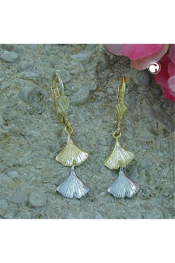 Leverback Earrings Dangles 34x9mm Ginkgo Leaf Bicolor 9kt Gold - GL430430