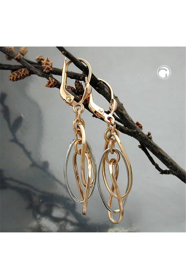 Leverback Earrings 43x8mm 3 Ovals Hanging Bicolor White Gold 9k Rose Gold - GL430317