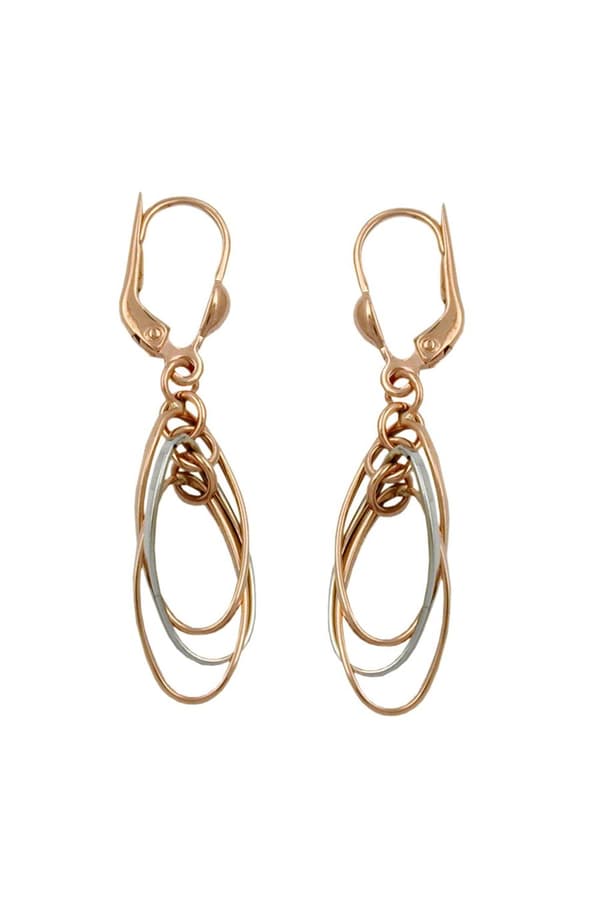 Leverback Earrings 43x8mm 3 Ovals Hanging Bicolor White Gold 9k Rose Gold - GL430317