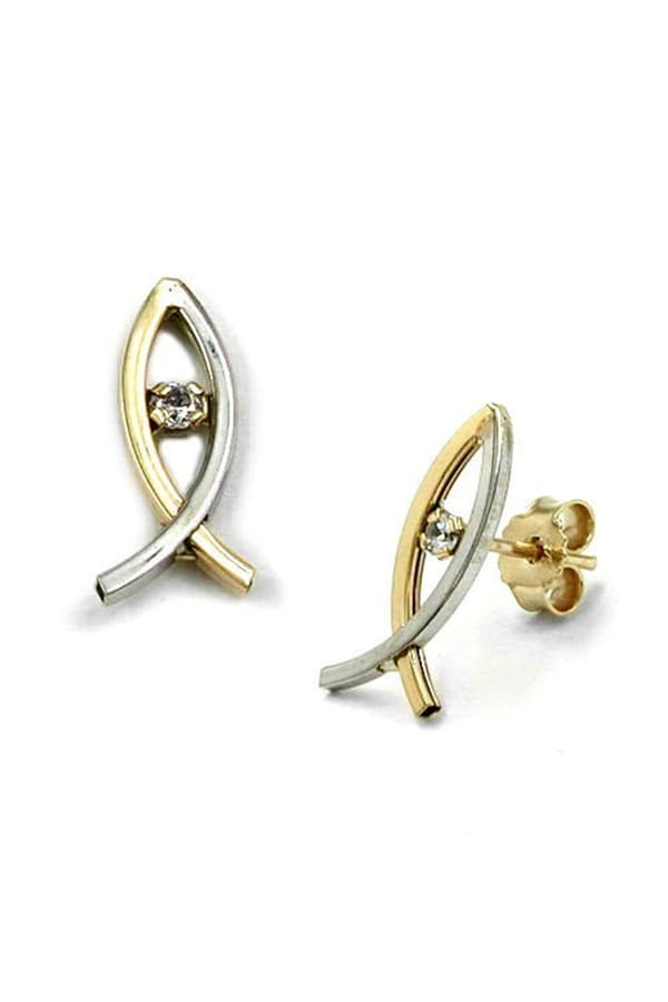 Stud Earrings 15x5mm Jesus Sign Bicolor Cubic Zirconia 9k Gold - GL430393