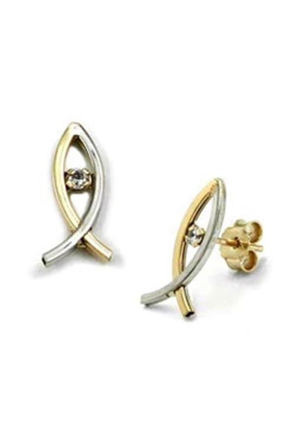 Stud Earrings 15x5mm Jesus Sign Bicolor Cubic Zirconia 9k Gold - GL430393