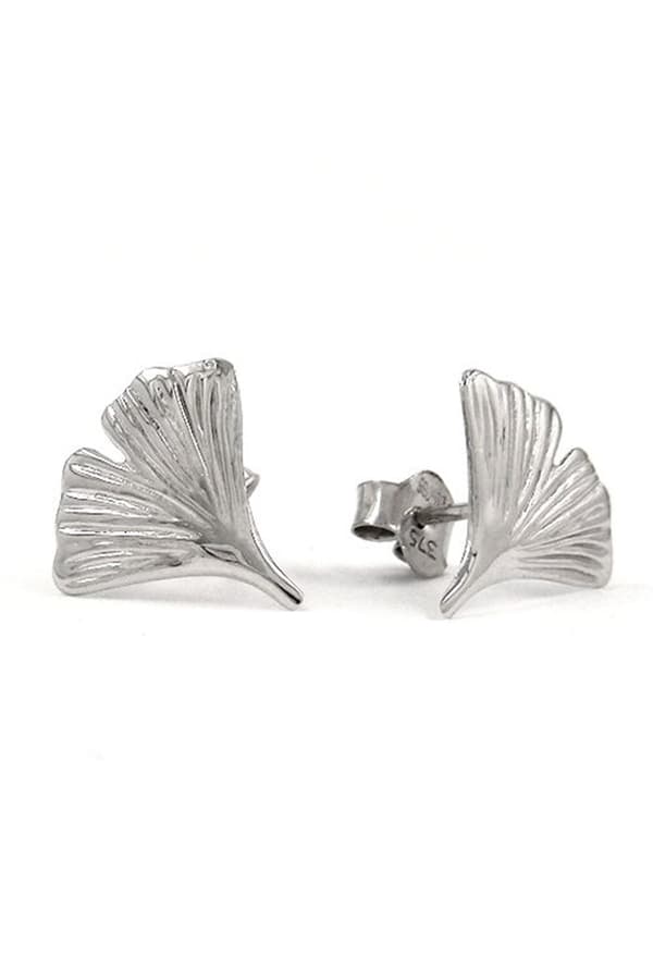 Stud Earrings 12mm Ginkgo Leaf Shiny 9k White Gold - GL430695