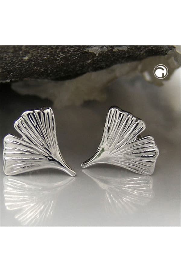 Stud Earrings 12mm Ginkgo Leaf Shiny 9k White Gold - GL430695