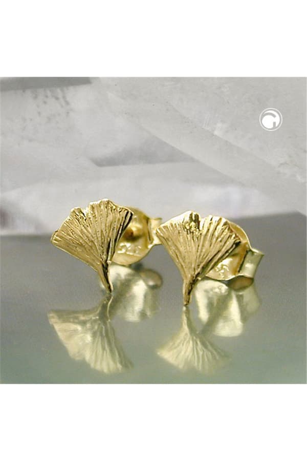 Stud Earrings 7mm Ginkgo Leaf Shiny 9k Gold - GL430002