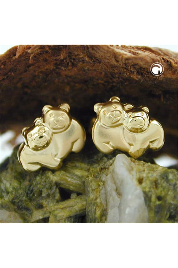 Stud Earrings 6x8mm Couple Of Bear Pair Partly Matt Shiny 9k Gold - GL431268