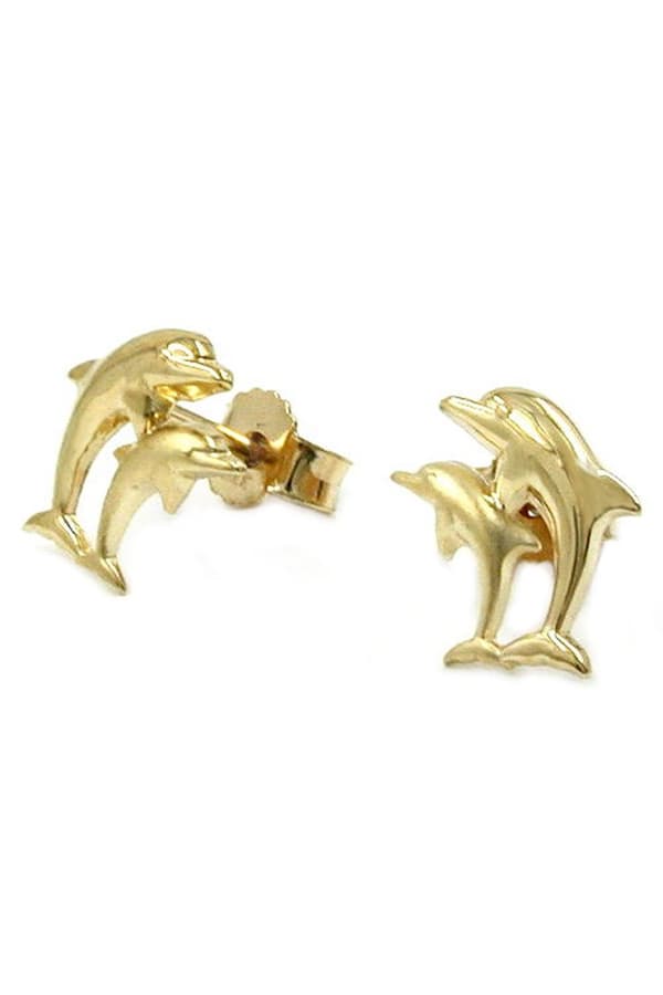 Stud Earrings 10x7mm Dolphin Couple Matte Shiny 9k Gold - GL430522