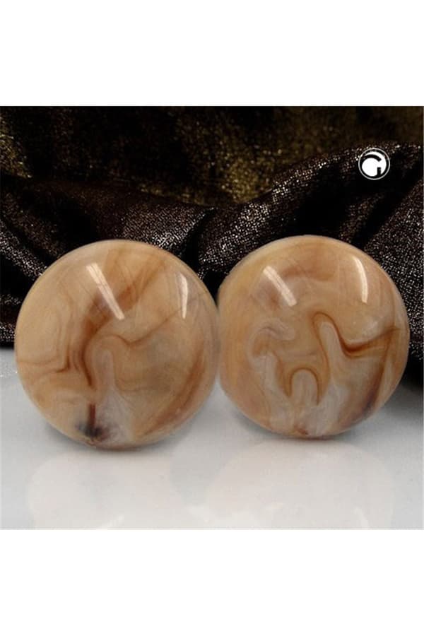 Clip-On Earring Round Light Brown Marbled Glossy 30mm - GL04517