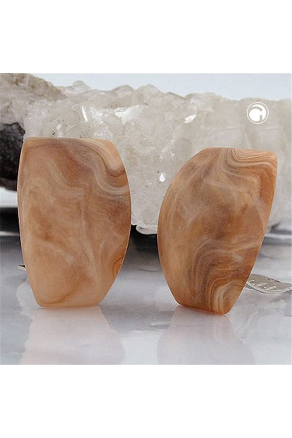 Clip-On Earring Trapezium Beige Brown Marbled - GL01046