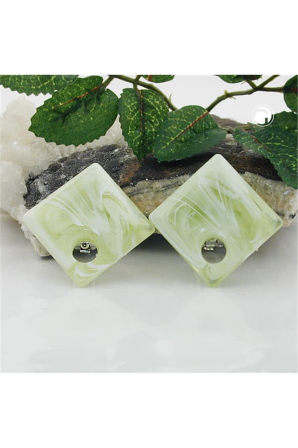 Clip-On Earring Square Beads Green Light White 25x25mm - GL00940