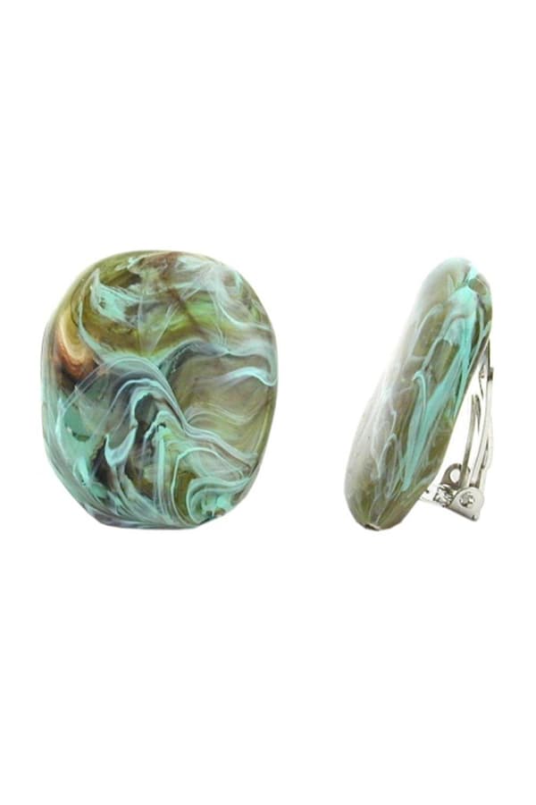 Clip-On Earring Olive Green Turquoise Marbled - GL00668