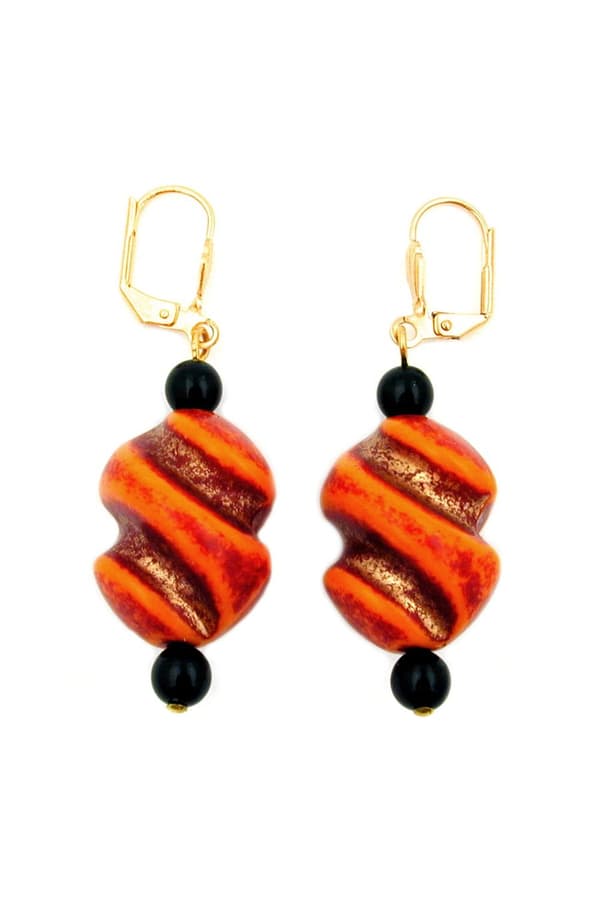 Leverback Earrings Twisted Bead Red Orange Black - GL01360