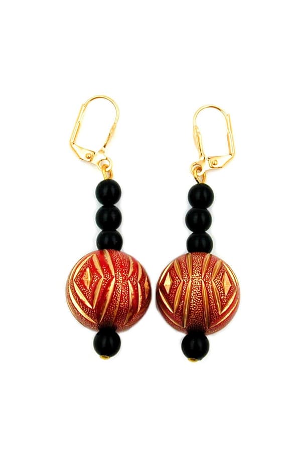 Leverback Earrings Oriental Style Black Red Gold Coloured - GL01353
