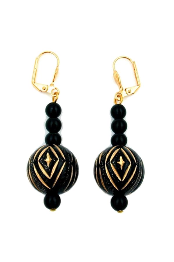 Leverback Earrings Oriental Beading Black Gold Coloured - GL01348