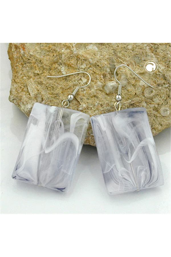Hook Earrings Grinded Rectangle White Grey Marbled - GL03191