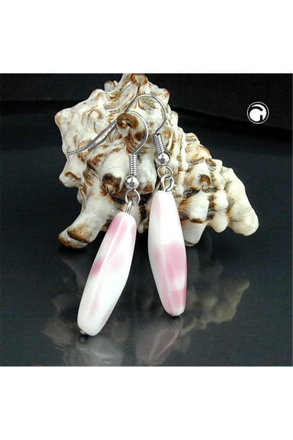 Hook Earrings Glass Bead White Pink - GL02522