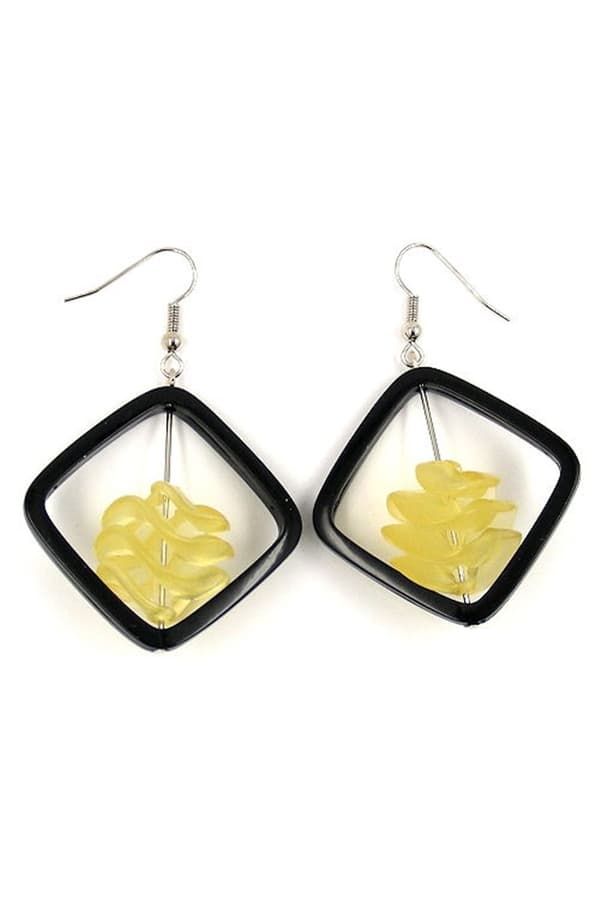 Hoop Earrings Square Black With Twisted Bead Yellow - GL02405