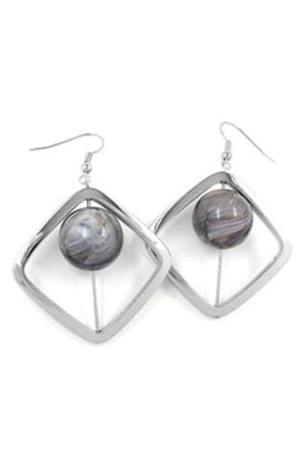 Hook Earrings Square Silver Coloured With Bead Grey - GL02395