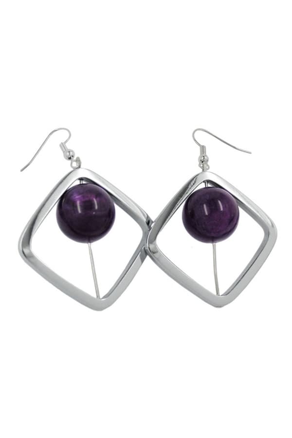 Hook Earrings Square Silver Coloured With Bead Purple - GL02394